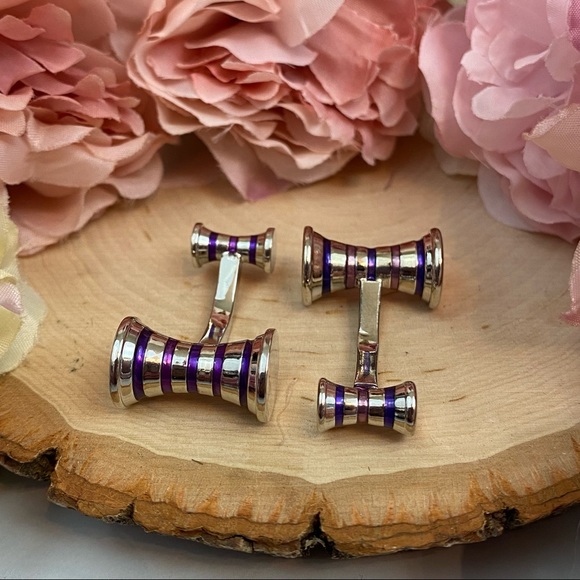 Elegant Double Barrel Two Tone Purple and Silver Cufflinks - Picture 12 of 16